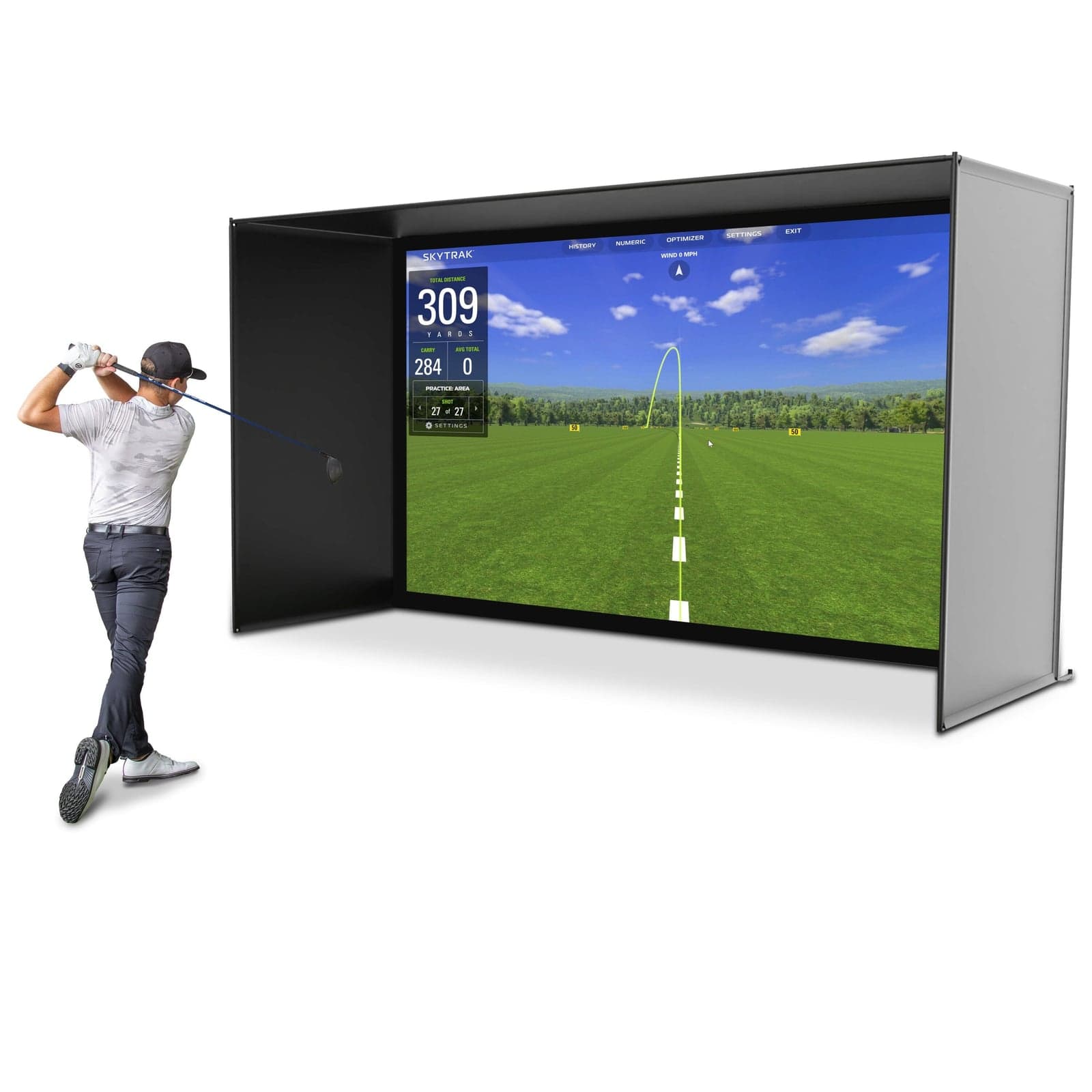 GoSports 14' x 8' golf simulator enclosure in use, golfer mid-swing beside the frame and impact screen