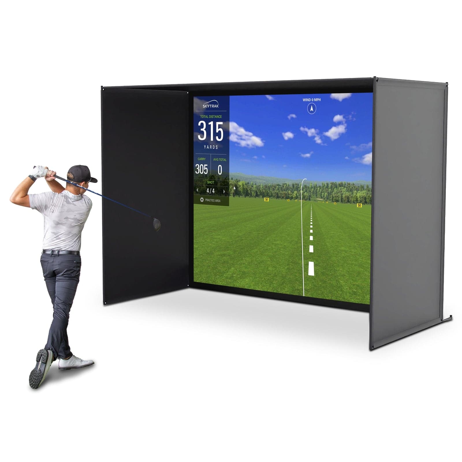 GoSports 10' x 8' golf simulator enclosure in use, golfer mid-swing beside the frame and impact screen