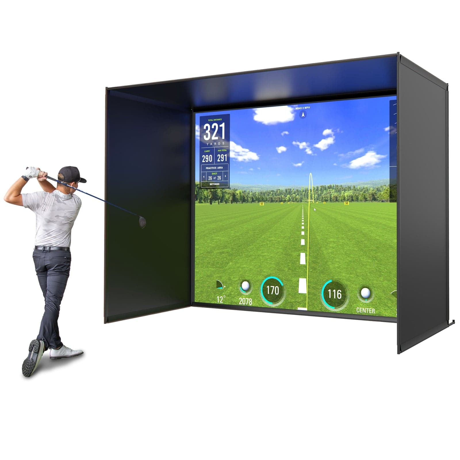 GoSports 12' x 9' golf simulator enclosure in use, golfer mid-swing beside the frame and impact screen