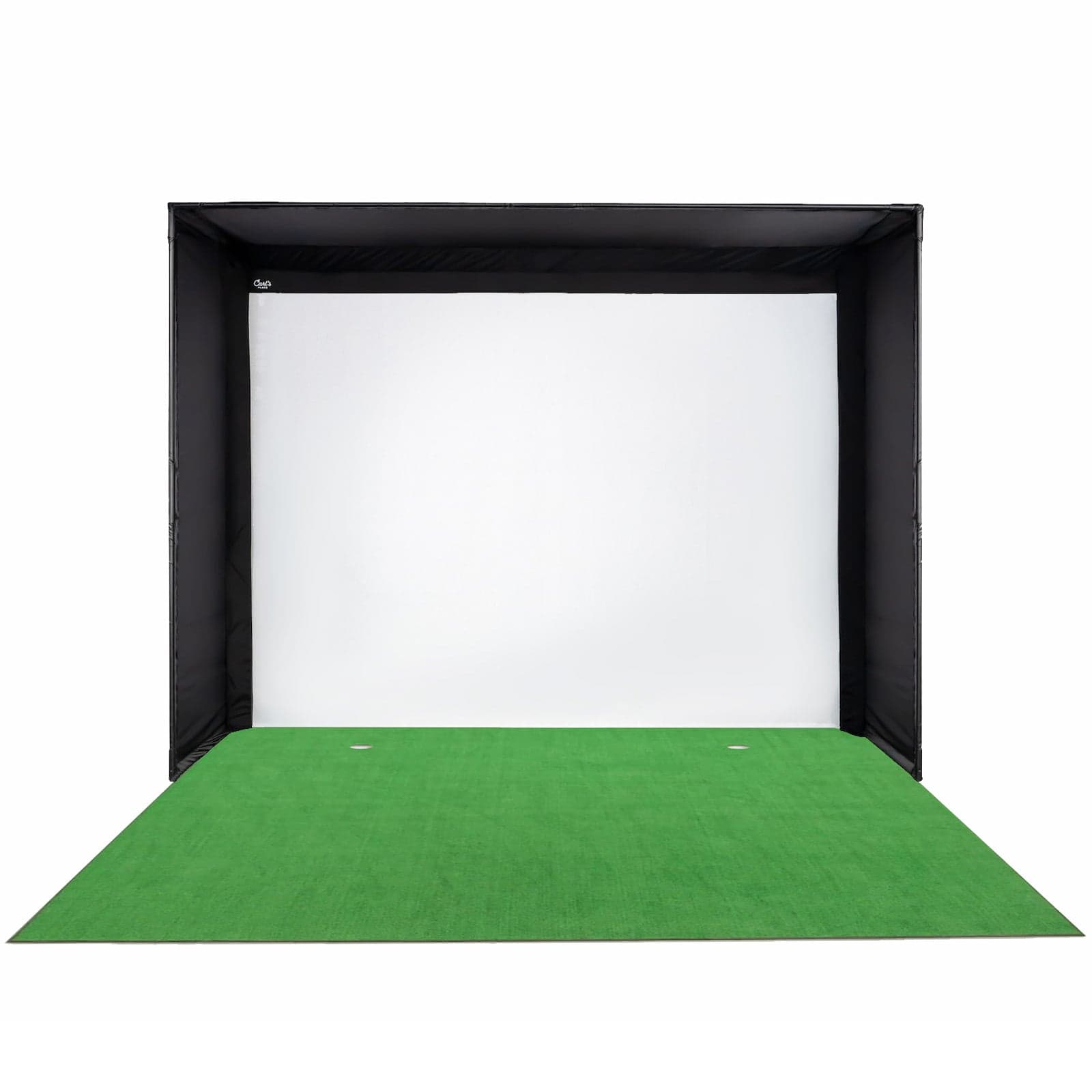 Big Moss V2 GST putting studio — a simulator bay frame with a white screen and green Big Moss floor, on white