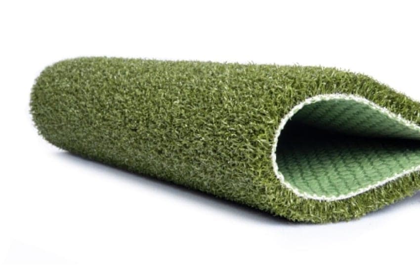 SYNLawn Precision Putt turf swatch on white with the corner rolled back to show the green backing