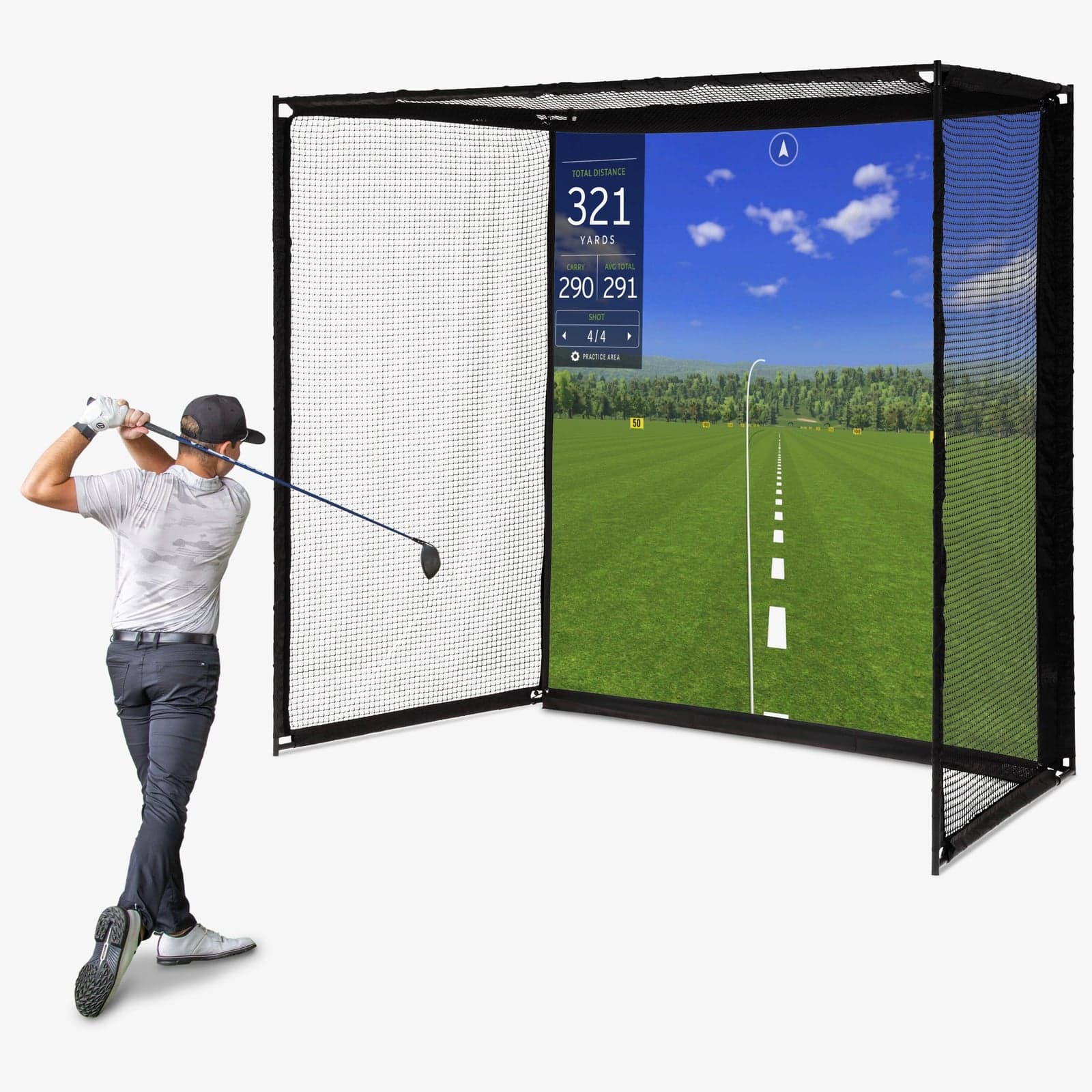 GoSports Range Cage Elite golf net in use, golfer mid-swing beside the frame and impact screen