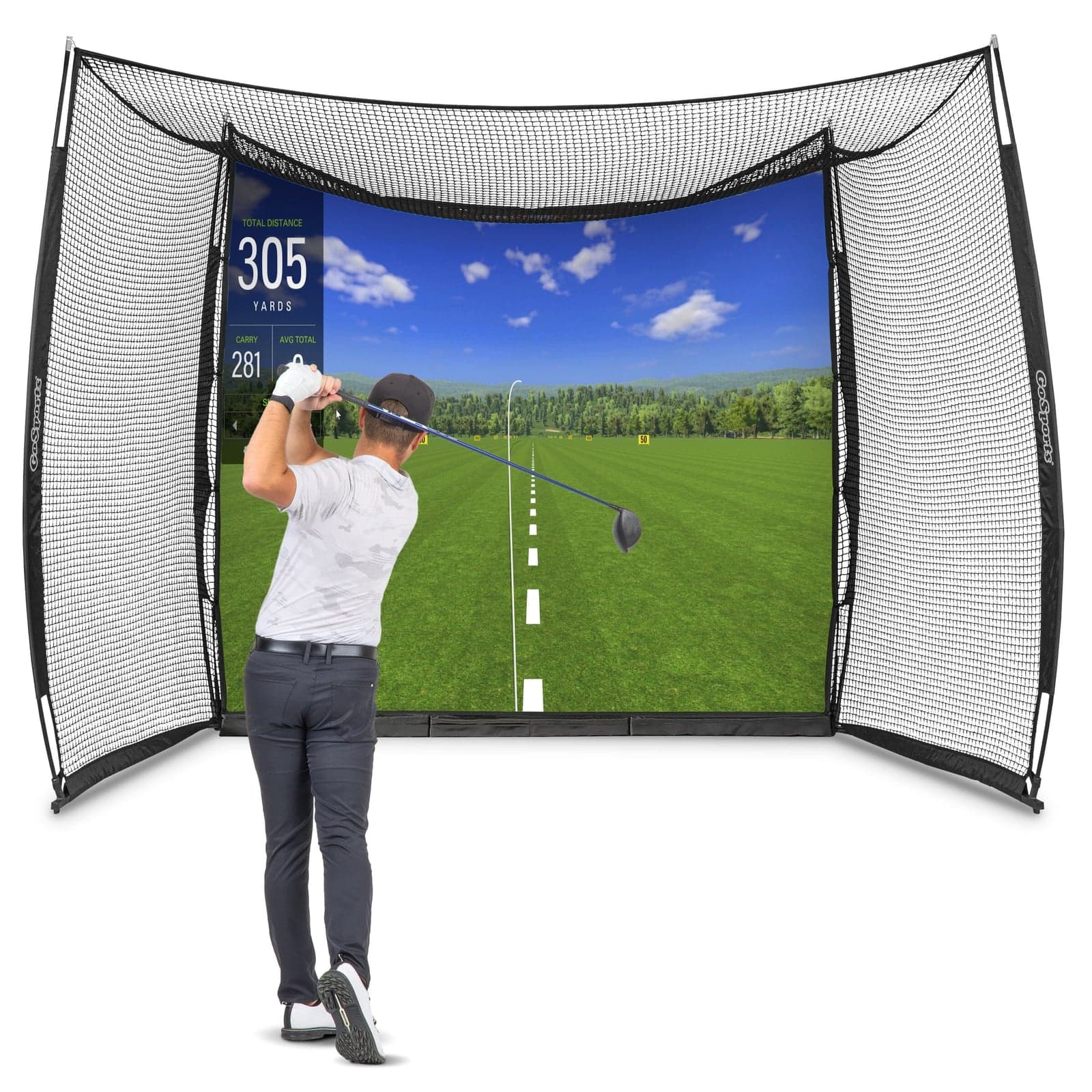 GoSports Range Cage golf net in use, golfer mid-swing in front of the impact screen