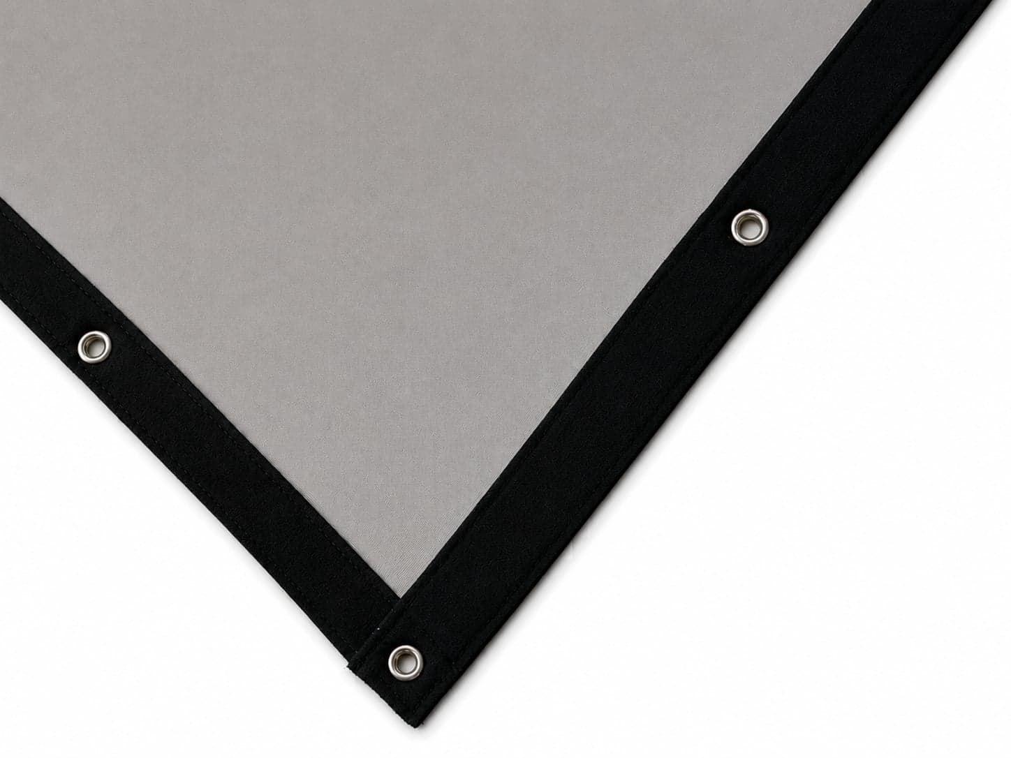 Bullseye gray impact screen corner, grey surface with black vinyl trim and grommets