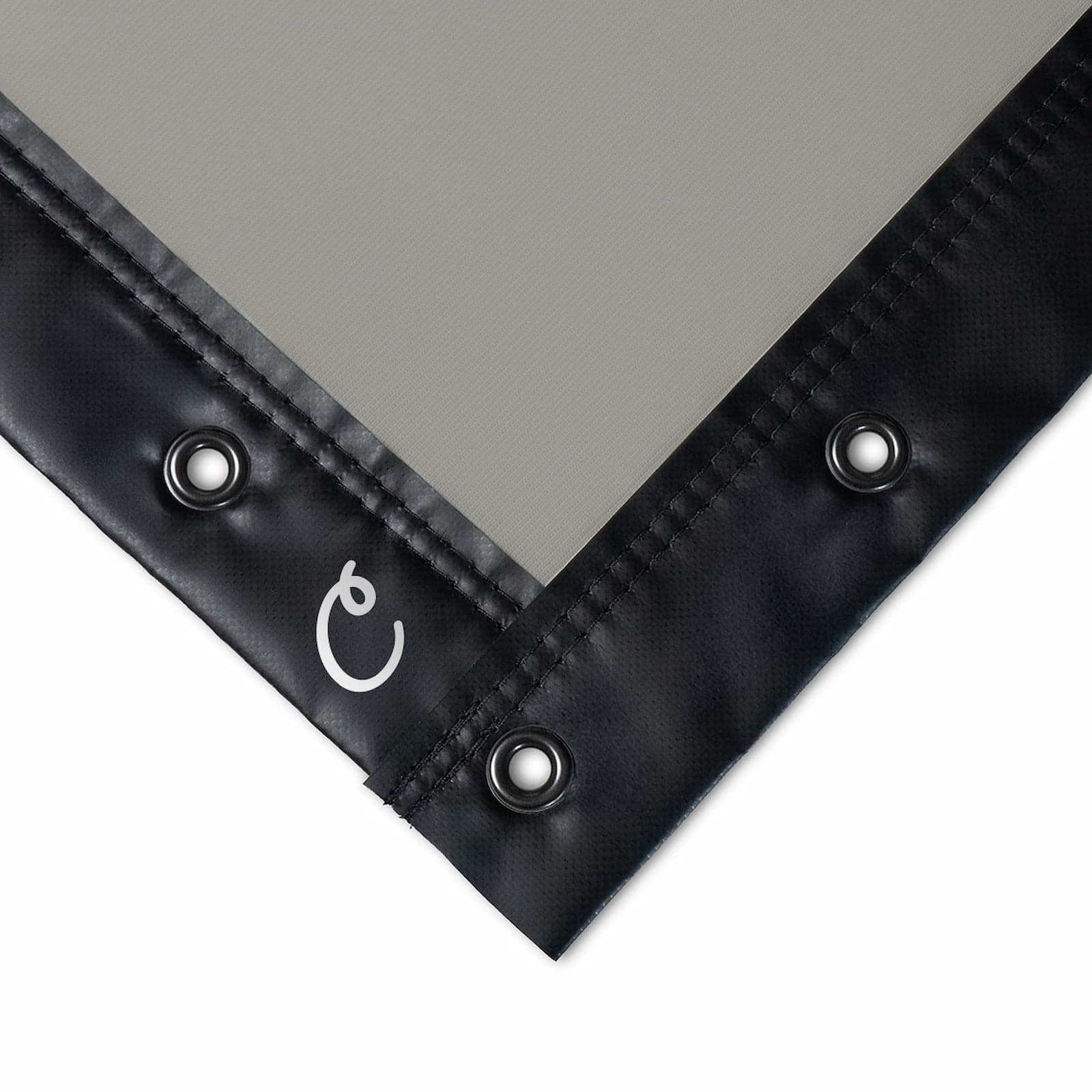 Carl's Place high-contrast gray impact screen corner, grey surface with black vinyl trim and grommets