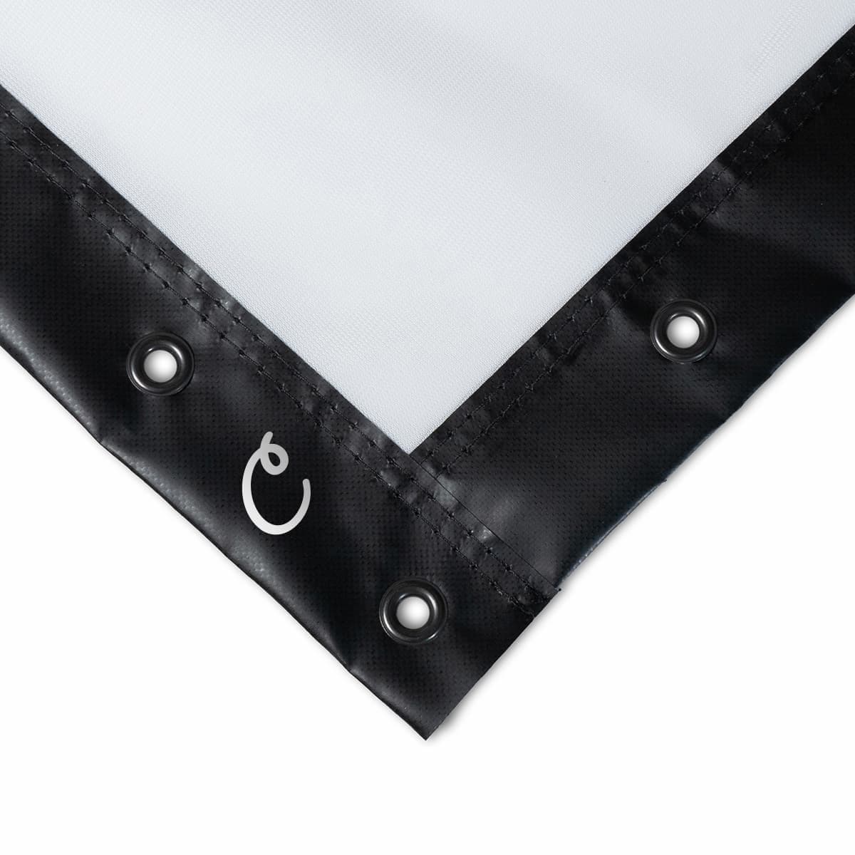 Carl's Place preferred impact screen corner, white surface with black vinyl trim and grommets