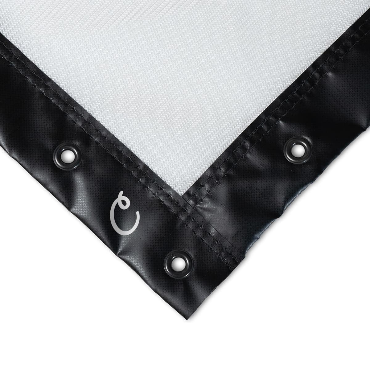 Carl's Place standard impact screen corner, white surface with black vinyl trim and grommets