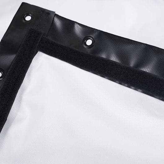 SIG Preferred impact screen corner, white screen face with black vinyl trim, velcro and grommets