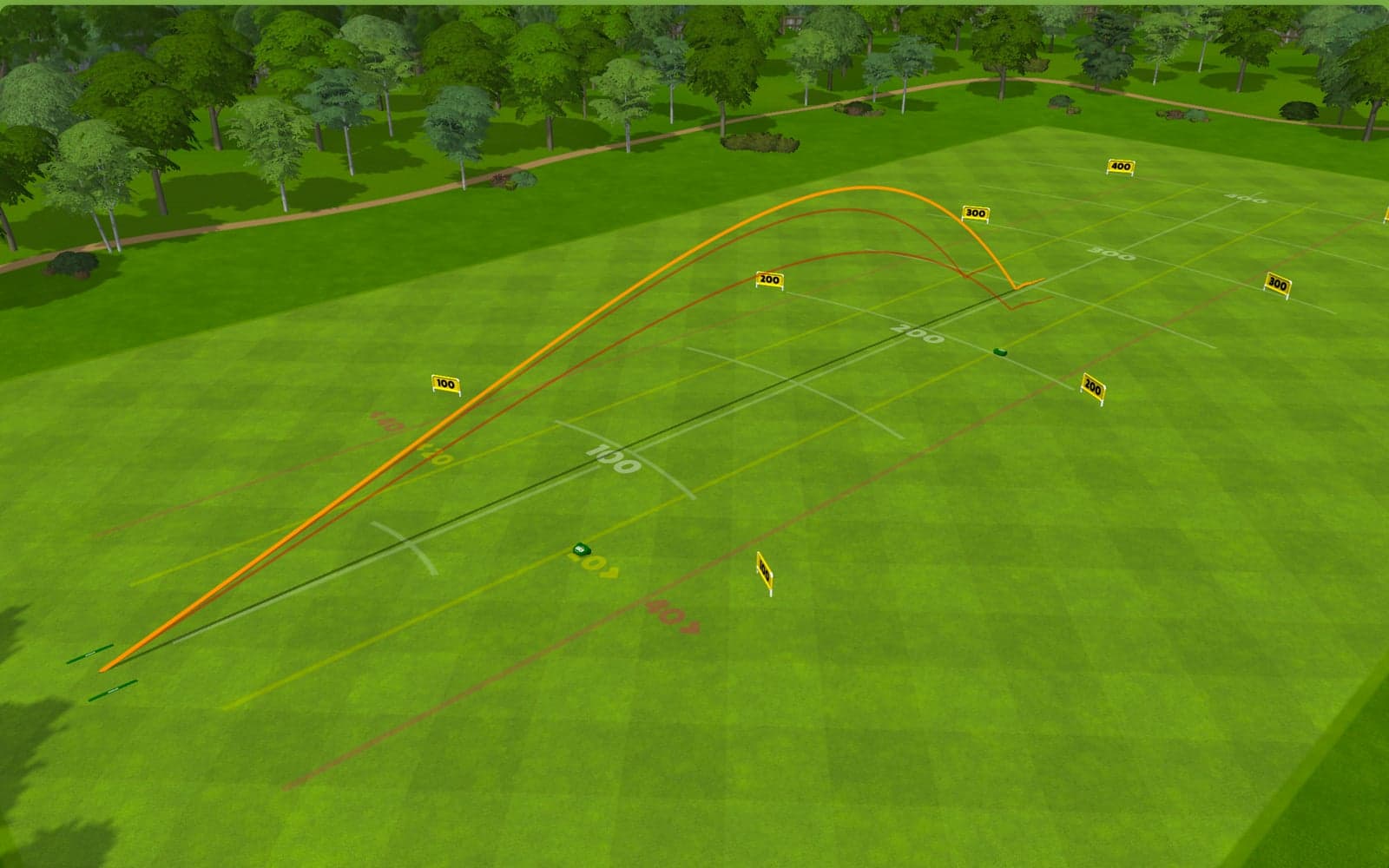 Awesome Golf range view with shot trajectory tracers and yardage flags
