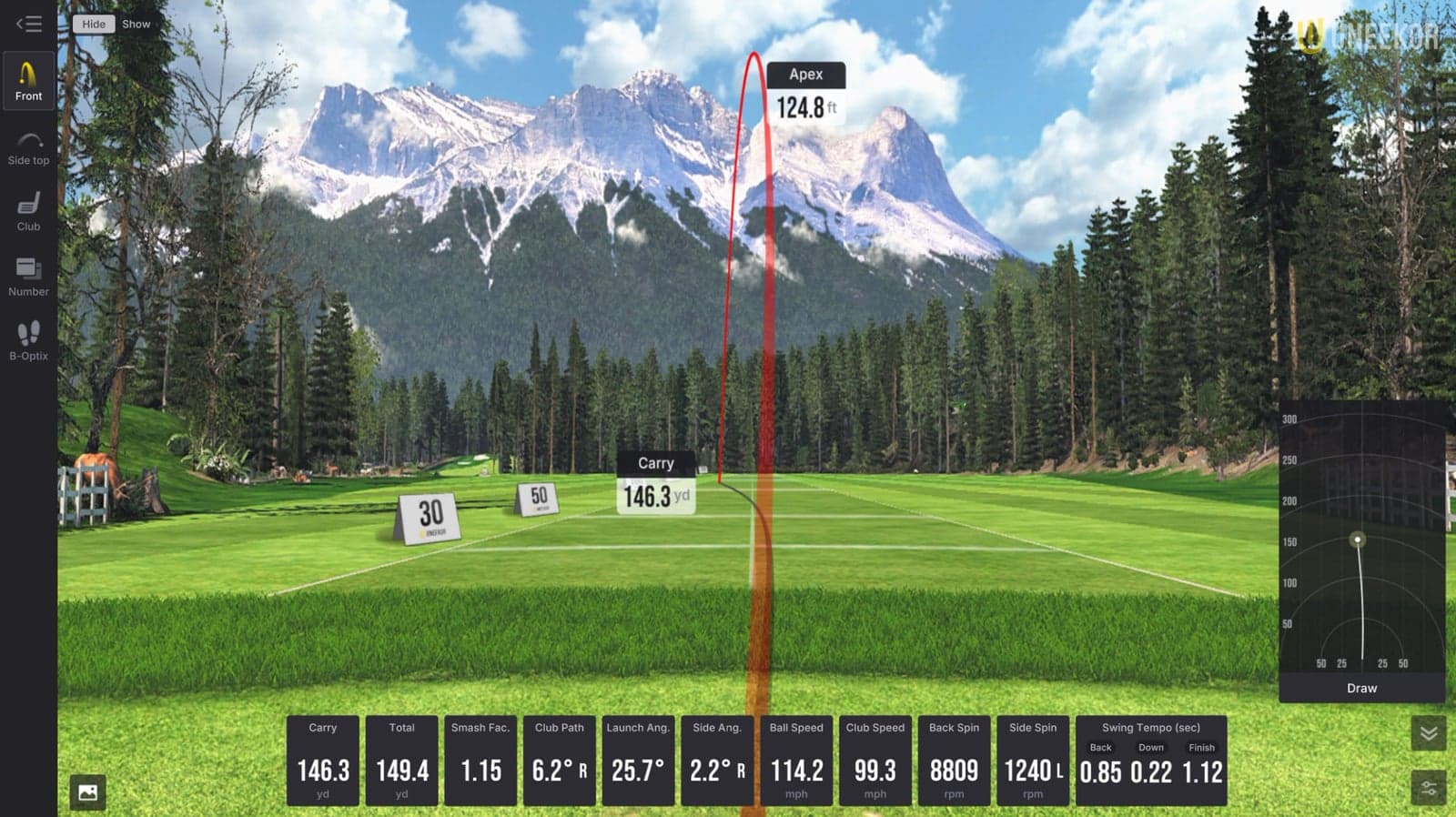 Uneekor VIEW — driving-range session with ball-flight trace, apex and carry callouts and the full shot-data bar