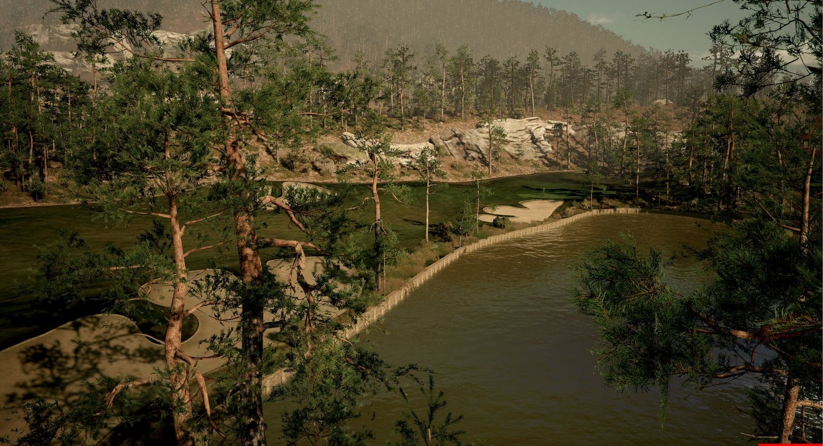 GSPro simulator software rendering a wooded hole above a river
